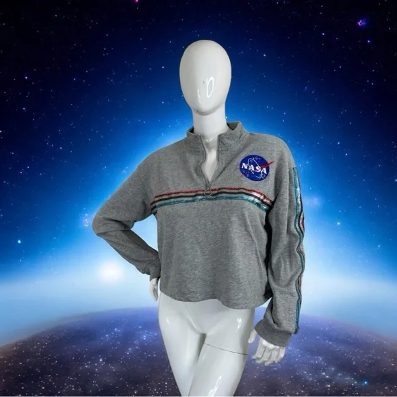 NASA metallic stripes embroidery logo cropped grey pull over light sweater XL - Picture 3 of 14
